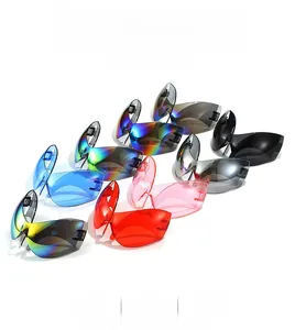Close-up of oversized wrap-around sports sunglasses in multiple vibrant colors
