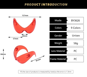 Detailed size chart of transparent red oversized wrap-around cycling sports sunglasses