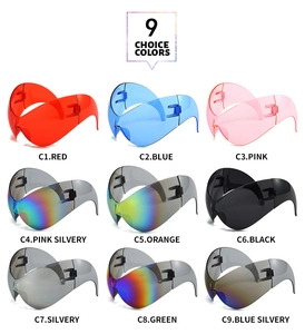 Nine color options for oversized wrap-around sporty sunglasses with mirrored lenses