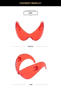Front and side views of trendy oversized red transparent shield cycling sunglasses