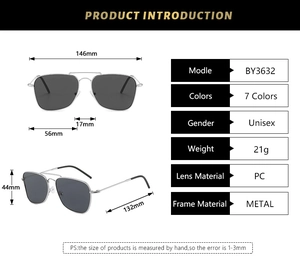 Detailed dimensions of retro square aviator sunglasses with silver metal frame and gray lenses