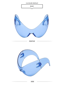 Front and side view of blue oversized wraparound shield sunglasses with translucent frame