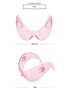 Detailed views of pink butterfly-style sports sunglasses with wrap-around shield lenses