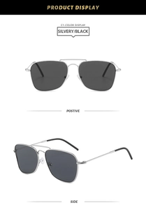Close-up of silver metal aviator sunglasses with double bridge and black lenses