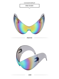 Detail view of pink silvery wrap-around sport sunglasses with iridescent lenses