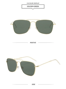 Detail view showing front and side angles of golden double-bridge aviator sunglasses