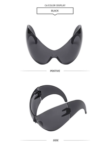 Front and side views of black wrap-around sports sunglasses with oversized shield lens