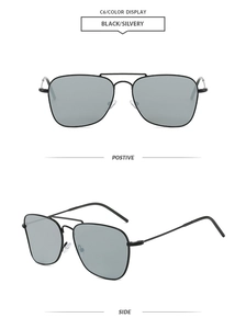 Detailed front and side views of vintage square pilot sunglasses with metallic double bridge