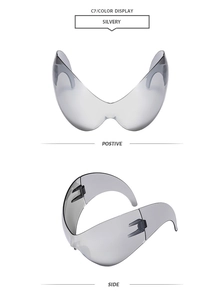 Detail view of silvery futuristic wrap-around oversized shield sports sunglasses