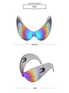 Detail view of rainbow wrap-around sports sunglasses with iridescent lenses and smoke frame