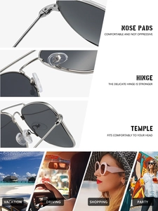 Detailed views of silicone nose pads and metal hinges on square aviator sunglasses