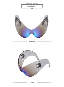 Detailed front and side view of blue silvery futuristic one-piece wraparound sunglasses