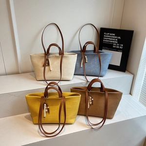 Large Capacity Canvas Tote Bag Women Fashion Shoulder Handbag With Leather Strap And Wooden Bead Decor Summer Simple
