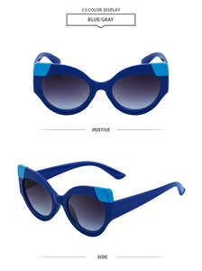 Vues de face et de côté de lunettes de soleil œil de chat bicolores bleues et verres gris