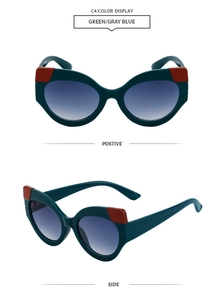 Lunettes de soleil œil de chat monture verte et détails brun-rouge en vues face et profil
