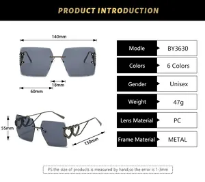 Detailed size specifications for rimless heart-shaped metal sunglasses with dimensions