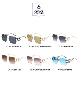 Six different color options of rimless heart-trimmed sunglasses with metal temples