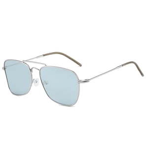 Classic silver metal square aviator sunglasses with light blue lenses and double bridge