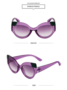 Vues détaillées de face et de côté de lunettes de soleil œil-de-chat violettes dégradées