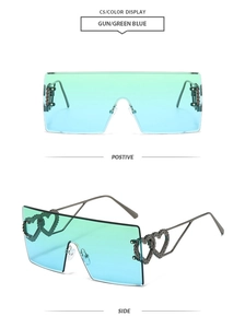 Detail of rimless square sunglasses with heart-shaped metal accents and gradient lenses