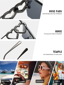 Detailed close-up of heart-shaped rimless sunglasses featuring sleek hinges and nose pads