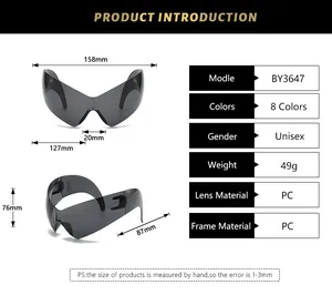 Size chart showing 158mm width wrap-around futuristic cat eye sunglasses dimensions