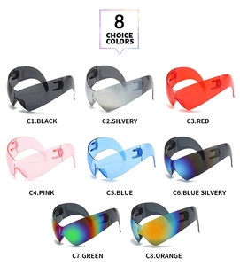Detail showing 8 choice colors of futuristic wraparound cat-eye sports sunglasses