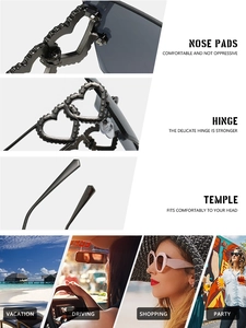 Detail view of heart sunglasses with reinforced hinges and versatile lifestyle usage