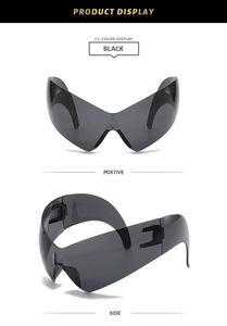 Front and side view of futuristic black cat-eye wrap sunglasses with sleek shield design