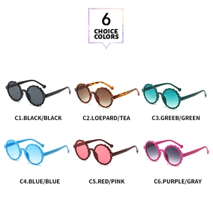 Six colorful round flower-framed sunglasses for kids with various tinted lenses