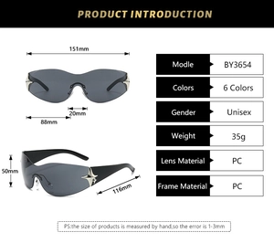 Detail view of Y2K rimless sunglasses with star decoration and dimensions on white background