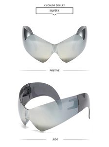 Front and side view of futuristic silver mirrored cat eye wrap sunglasses