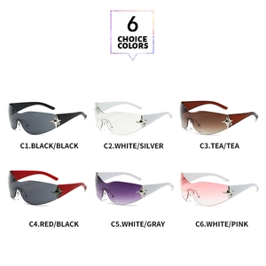 Matrix view of six colorful Y2K wrap sunglasses with star accents and gradient lenses