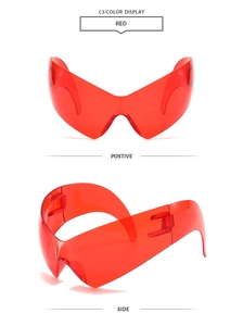Front and side views of futuristic red one-piece cat-eye sunglasses with large frame