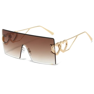 Stylish rimless square sunglasses with brown gradient lenses and heart-shaped metal temples