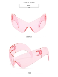 Detailed front and side views of pink cat-eye sunglasses with futuristic wraparound design