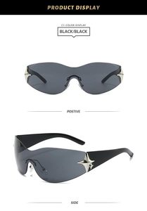 Detail view of black one-piece trendy sunglasses with silver metal star embellishment