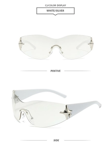 Detail view of white frame star sunglasses with silver star decor and clear lenses