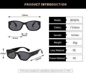 Detailed size chart of square vintage sunglasses with lens and frame specifications
