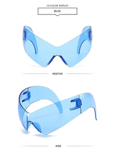 Detailed front and side view of blue translucent Y2K futuristic wrap sunglasses