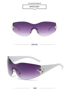 Detail view of Y2K star sunglasses with purple gradient lenses and white temples