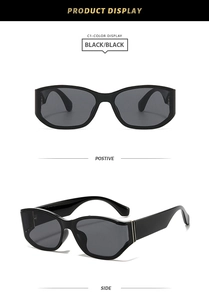 Detail view of square black sunglasses showing positive and side angles with gold metal trim