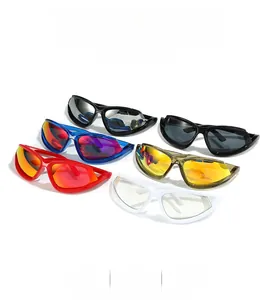 A close-up view of multiple stylish cat-eye sports sunglasses with colorful mirrored lenses
