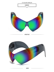 Front and side views of futuristic cat-eye sunglasses with green iridescent lenses