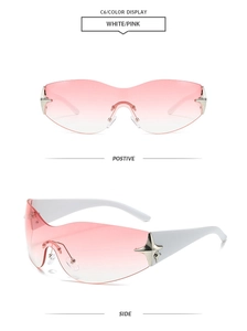 Detail of pink gradient rimless sunglasses with metal star accent and white temples