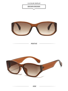 Detail view showing brown square frame sunglasses and gradient lenses from two angles