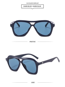 Detail view of dark blue pilot sunglasses with double bridge and glossy finish