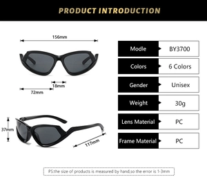 Detailed technical diagram of cat-eye sunglasses with precise frame dimensions and PC material specs