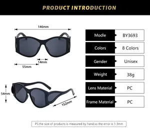 Size chart showing dimensions of black Y2K oval sunglasses with PC frame and lenses