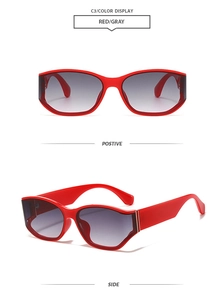 Front and side views of fashionable square red sunglasses with grey gradient lenses